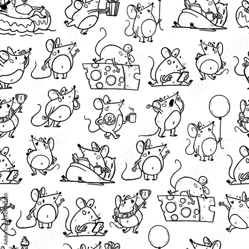 Vector seamless pattern with funny happy hand drawn mice characters isolated on white background. Comic style. 2020 year mascot illustration in different poses. For packaging design, banner, kid print