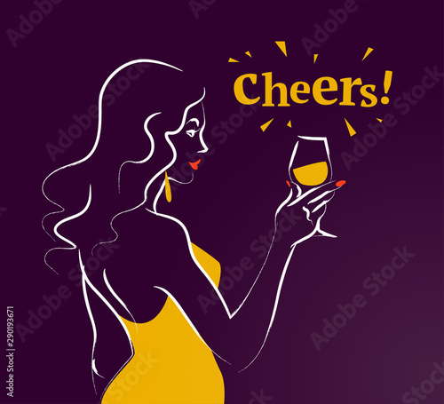Vector illustration of hand drawn young beautiful lady hold wine glass isolated on dark background. Sketch minimal style. Concept for ladies night party, bar, happy cocktail hour, bar restaurant logo.