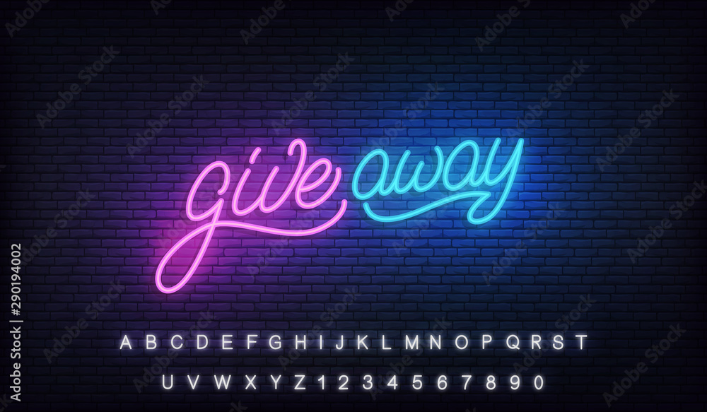 Giveaway neon sign. Glowing lettering billboard design for social media marketing give away