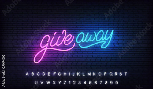 Giveaway neon sign. Glowing lettering billboard design for social media marketing give away