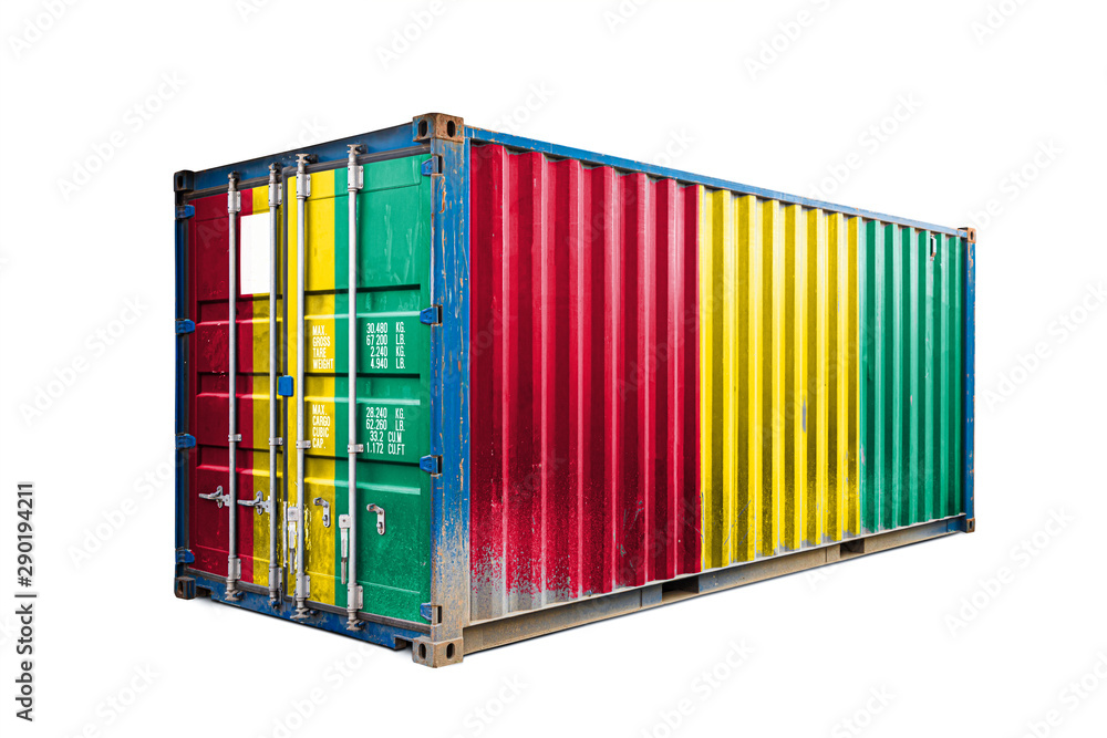 The concept of Guinea export-import, container transporting and national delivery of goods. The transporting container with the national flag of Guinea, view front The concept of Guinea export-import, container transporting and national delivery of goods. The transporting container with the national flag of Guinea, view front