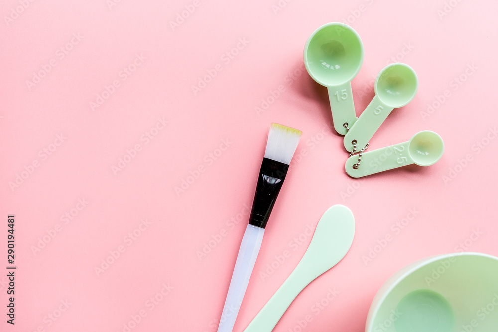 set for making facial mask on pink background. Beauty concept. Flat lay, mockup, top view, overhead. Skin care and health concept set for making facial mask on pink background. Beauty concept. Flat lay, mockup, top view, overhead. Skin care and health concept