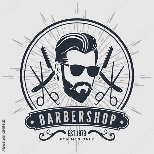 Barber shop poster, banner template with hipster face. Vector illustration
