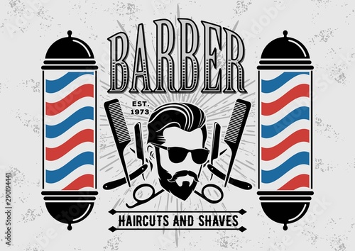 Barber shop poster, banner template with hipster face. Vector illustration
