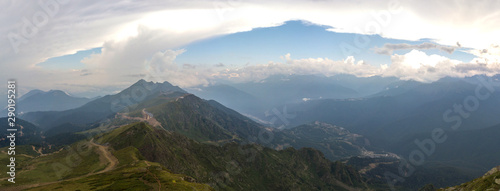 mountain landscape on a cloudy summer day - panorama over the observation deck on the top of Kamenny Stolb (Stone Pillar -2502m) - Aibga mountain range, Western Caucasus, South of Russia photo