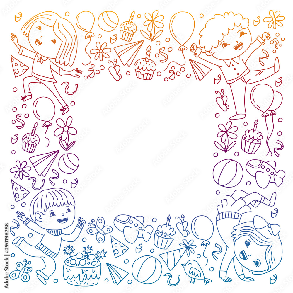 Vector illustration in cartoon style, active company of playful preschool kids jumping, at a party, birthday.