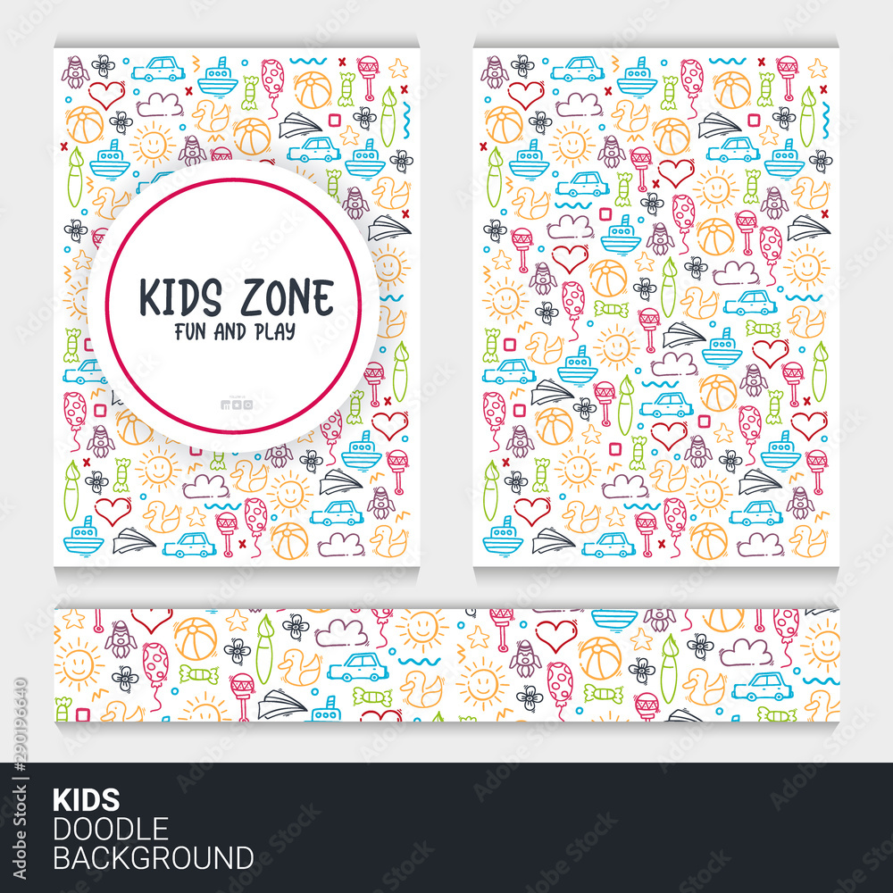 Flyer or brochure template with kids doodle background.