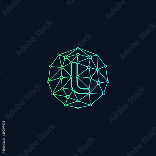 Letter L network Logo design. Technology digital abstract dot connection cross logo icon. Circle with connected lines for brand of smart contract block symbol. - Vector