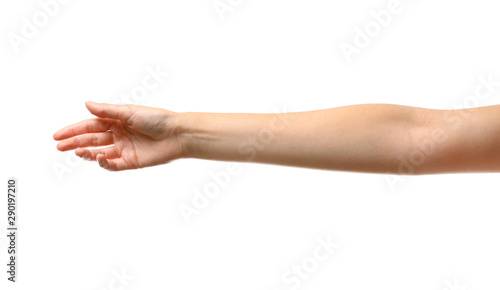 Young woman reaching hand for shake on white background, closeup photo