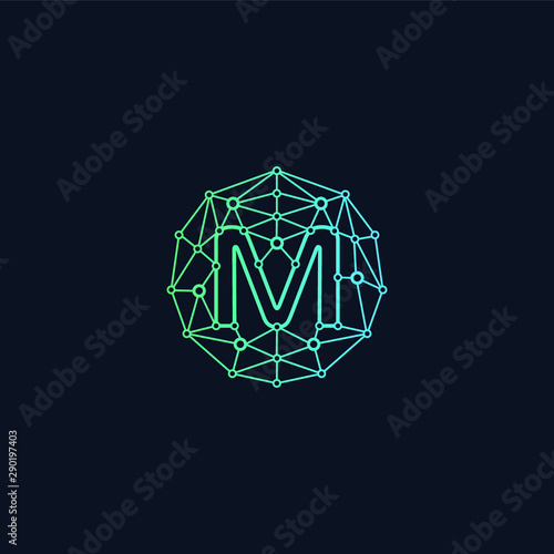 Letter M network Logo design. Technology digital abstract dot connection cross logo icon. Circle with connected lines for brand of smart contract block symbol. - Vector