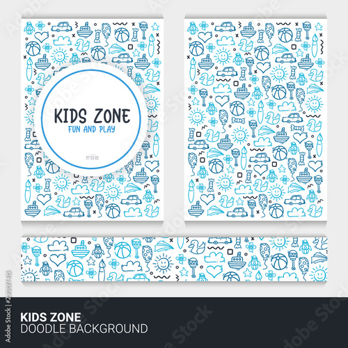 Flyer or brochure template with kids doodle background.