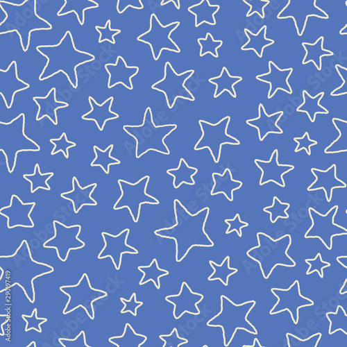 Fun outlined star tossed seamless pattern in blue and white. A hand drawn vector repeat design background.