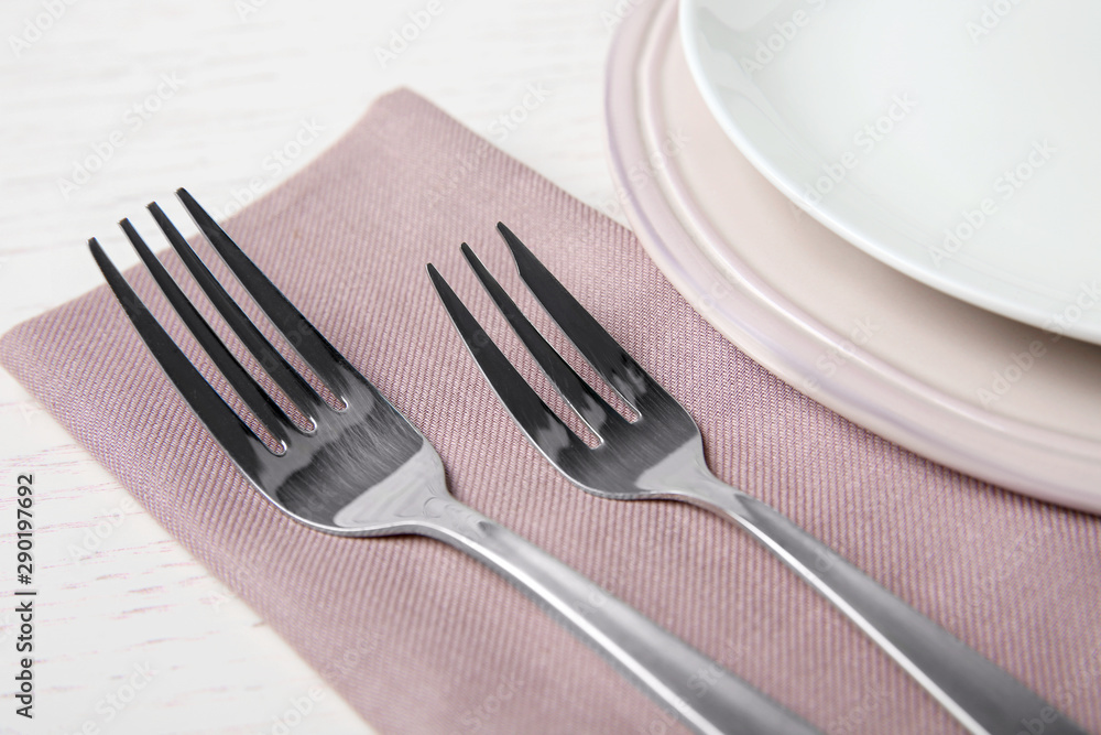 Beautiful table setting on white wooden background, closeup Beautiful table setting on white wooden background, closeup