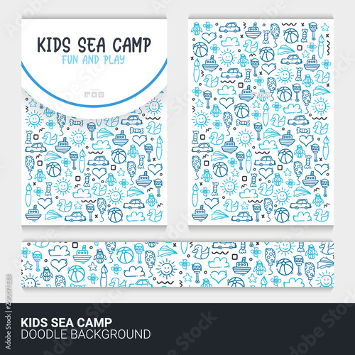 Flyer or brochure template with kids doodle background.