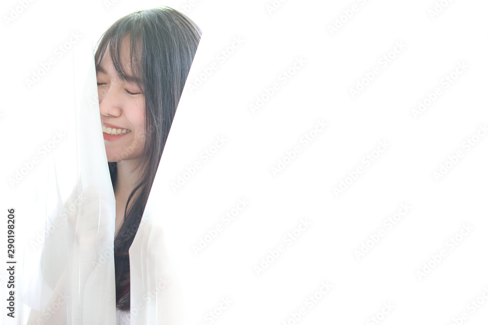 Portrait japanese school girl in white tone bed room Portrait japanese school girl in white tone bed room