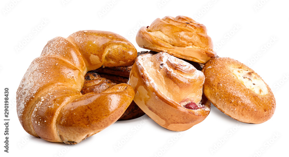 Different delicious fresh pastries on white background