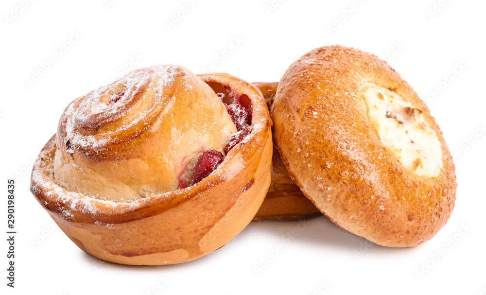 Different delicious fresh pastries on white background Different delicious fresh pastries on white background