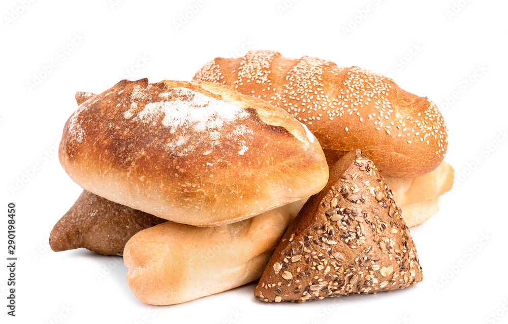 Loaves of different breads on white background Loaves of different breads on white background