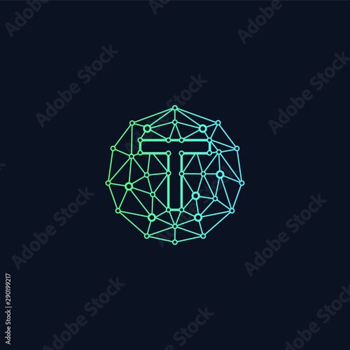 Letter T network Logo design. Technology digital abstract dot connection cross logo icon. Circle with connected lines for brand of smart contract block symbol. - Vector