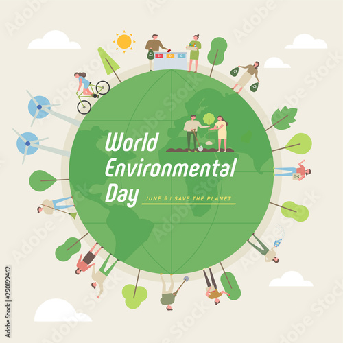 Environmental protection poster. People around the earth. flat design style minimal vector illustration.