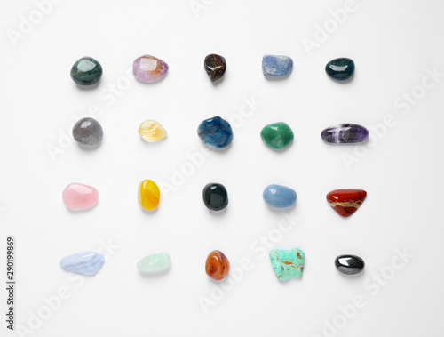 Canvastavla Different gemstones on white background, top view