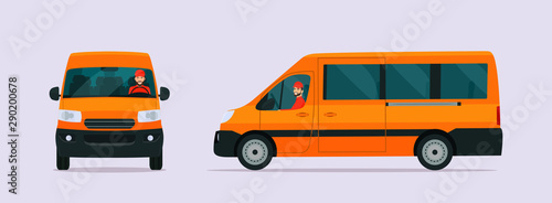 Van car two angle set. Car with driver man side view and front view. Vector flat style illustration.