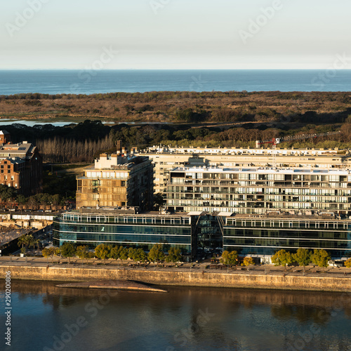 Aerial view of buildings near water