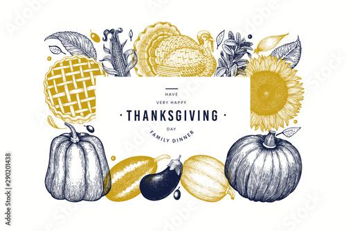 Happy Thanksgiving Day banner. Vector hand drawn illustrations. Greeting Thanksgiving design template in retro style. Autumn background.