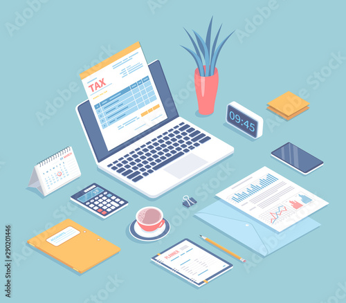 Online tax form filling on laptop screen. Payment, bookkeeping, accounting. Invoices, calendar, calculator, folders, phone, documents with charts on the table. Isometric 3d vector illustration.