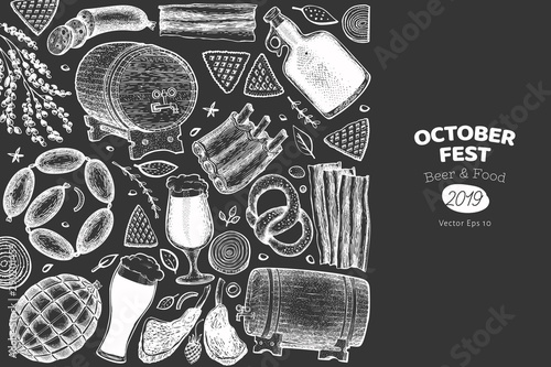 Octoberfest banner. Vector hand drawn illustrations on chalk board. Greeting Beer festival design template in retro style. Autumn background.