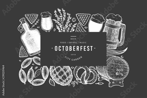 Octoberfest banner. Vector hand drawn illustrations on chalk board. Greeting Beer festival design template in retro style. Autumn background.