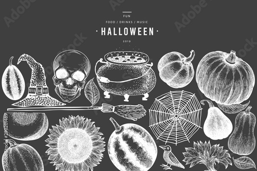 Halloween banner template. Vector hand drawn illustrations on chalk board. Design with pumpkins, scull, cauldron and sunflower retro style. Autumn background.
