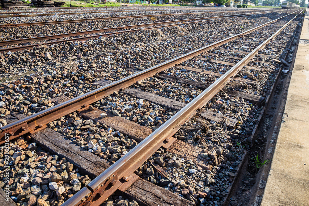 Old train or railroad tracks with wooden backing In the countryside Thailand Old train or railroad tracks with wooden backing In the countryside Thailand