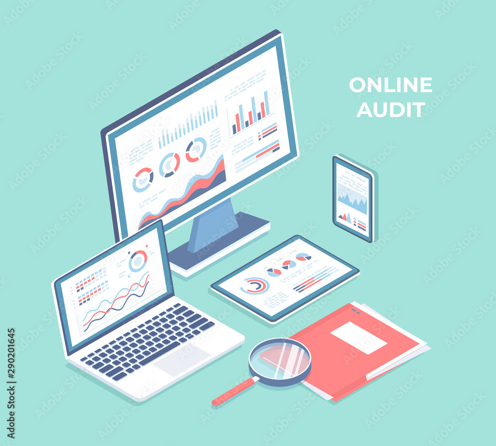 Online audit, research, report, analytics, analysis concept. Web and mobile service. Charts graphs on screens of laptop, monitor, phone, tablet with magnifying glass, folder with documents. Isometric 