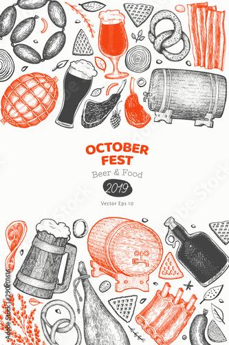 Octoberfest banner. Vector hand drawn illustrations. Greeting Beer festival design template in retro style. Autumn background.