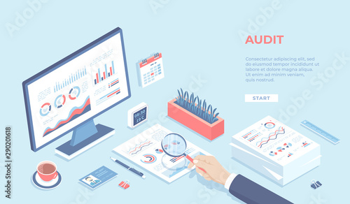 Auditing concepts. Businessman auditor inspects financial documents. Man's hand with magnifier. Monitor, graphics, charts, stack of documents. Workplace Workspace Desktop. Isometric 3d vector