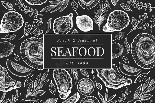 Oysters and spices design template. Hand drawn vector illustration on chalk board. Seafood banner. Can be used for design menu, packaging, recipes, label, fish market, seafood products.