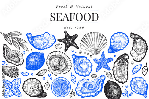 Oysters and spices design template. Hand drawn vector illustration. Seafood banner. Can be used for design menu, packaging, recipes, label, fish market, seafood products.