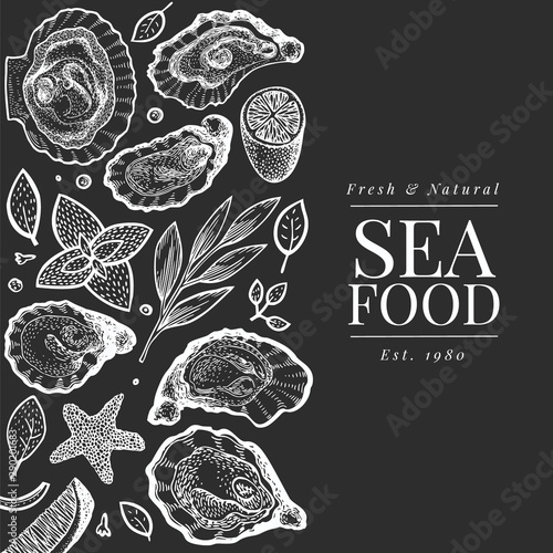 Oysters and spices design template. Hand drawn vector illustration on chalk board. Seafood banner. Can be used for design menu, packaging, recipes, label, fish market, seafood products.