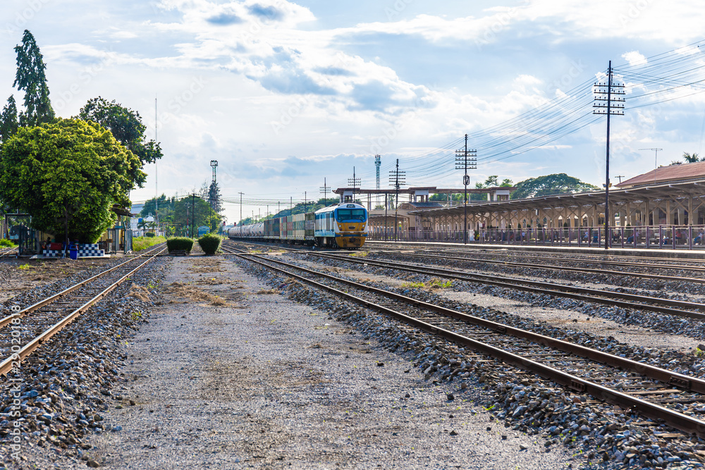Cargo train platform with container in countryside Thailand. Cargo train platform with container in countryside Thailand.