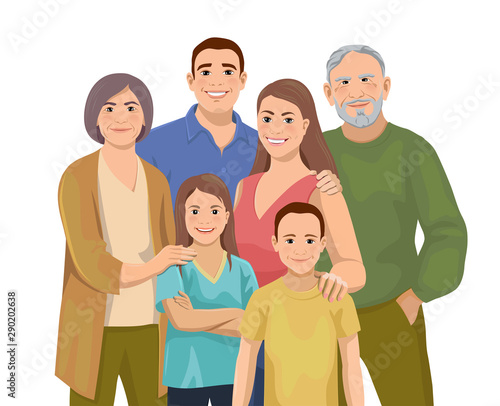 Happy big European family together. Fun grandparents, parents and children. Mother, father, grandmother, grandfather, daughter and son are standing and smiling. Isolated vector illustration