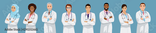 Big set of doctors different ethnicity and gender. African, Asian, European, Muslim male and female medical team people. Isolated vector illustration. photo