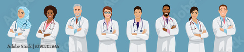 Big set of doctors different ethnicity and gender. African, Asian, European, Muslim male and female medical team people. Isolated vector illustration.