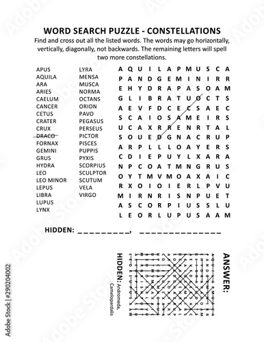 Constellations word search puzzle (suitable both for kids and adults). Answer included.