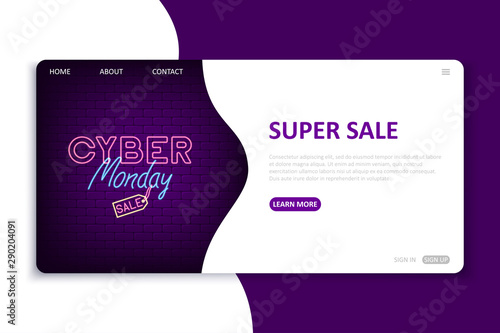 Cyber Monday landing page. Website template in neon style for seasonal internet discount. Bright neon web site mock up for cyber monday. Vector illustration.