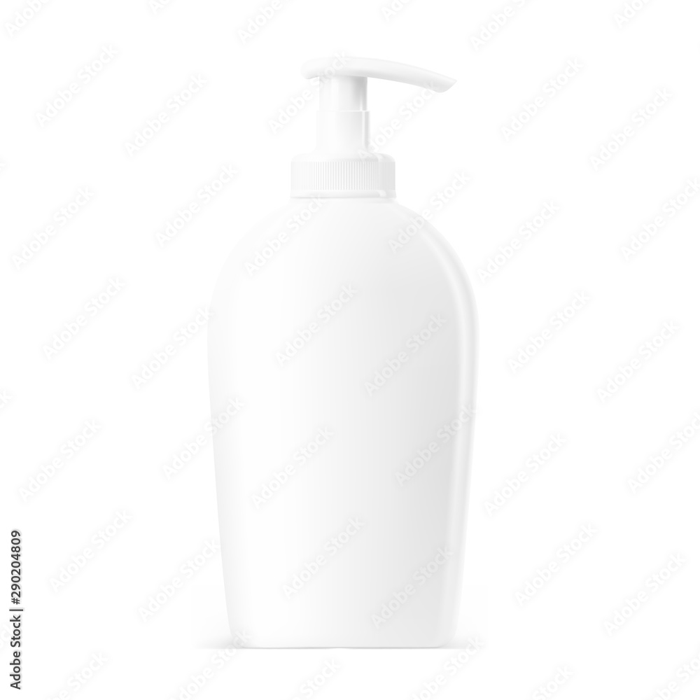 Blank plastic bottle with dispenser mockup for cosmetics. Front view. Vector illustration isolated on white background. Can be use for your design, advertising, promo and etc. EPS10. Blank plastic bottle with dispenser mockup for cosmetics. Front view. Vector illustration isolated on white background. Can be use for your design, advertising, promo and etc. EPS10.