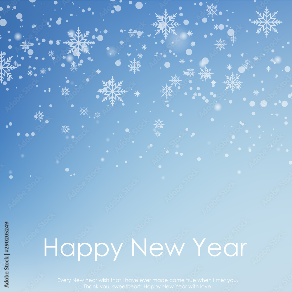 Fototapeta premium Happy New Year card with blue sky and snowflakes. 2020 Vector