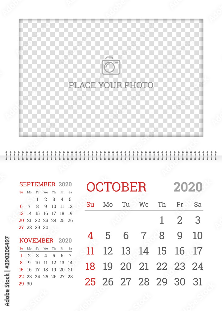 Wall calendar planner template for October 2020 year with place for photo. English vector layout with dates grid on white background. Week starts from Sunday. White corporate calendar design. Wall calendar planner template for October 2020 year with place for photo. English vector layout with dates grid on white background. Week starts from Sunday. White corporate calendar design.