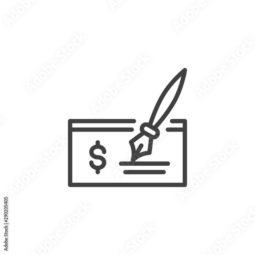 Cheque, signature line icon. linear style sign for mobile concept and web design. Dollar check with pen outline vector icon. Bank and finance, pay symbol, logo illustration. Vector graphics