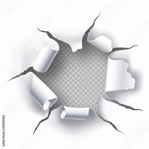 Torn hole with transparent background in the sheet of white paper. Space for text
